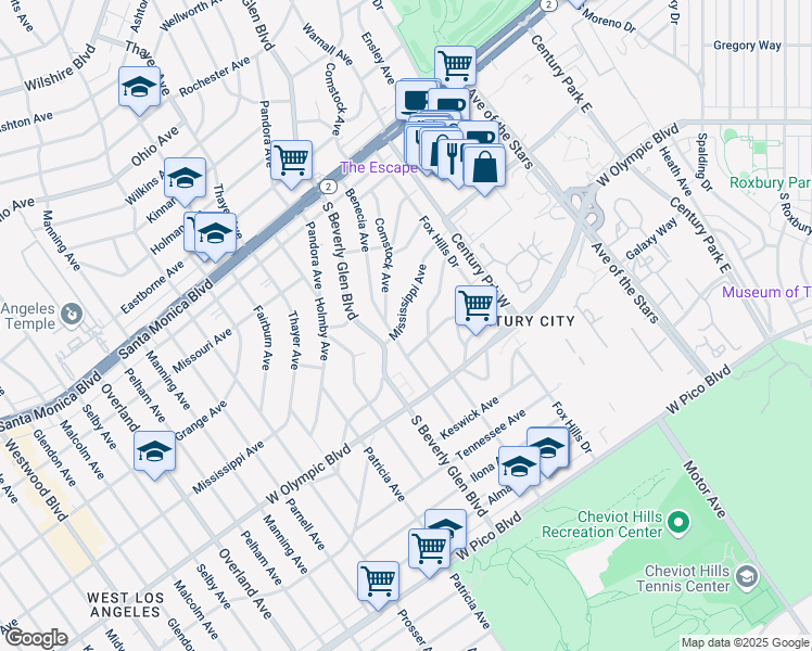 map of restaurants, bars, coffee shops, grocery stores, and more near 10382 Mississippi Avenue in Los Angeles