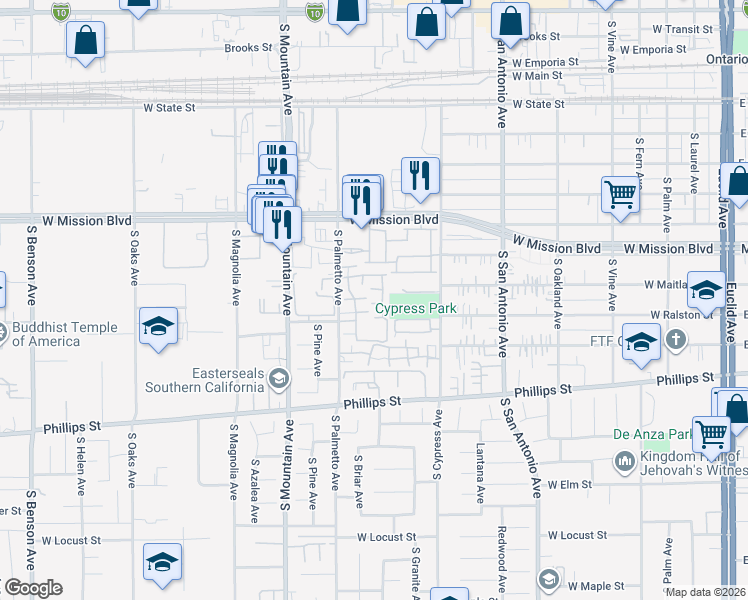 map of restaurants, bars, coffee shops, grocery stores, and more near 1031 South Palmetto Avenue in Ontario