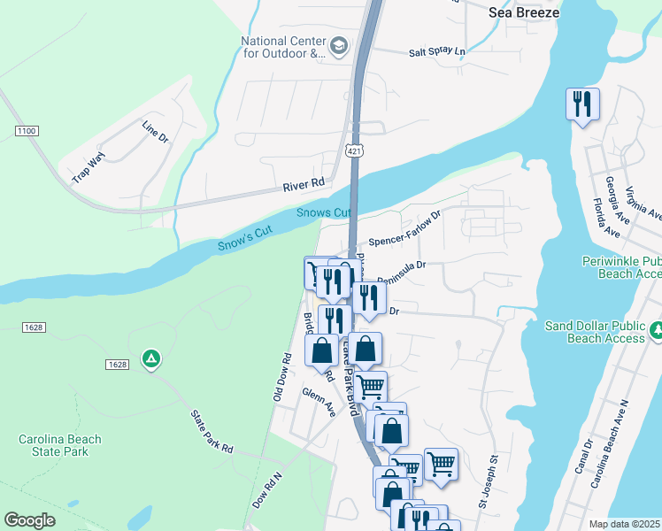 map of restaurants, bars, coffee shops, grocery stores, and more near 633 Spencer-Farlow Drive in Carolina Beach
