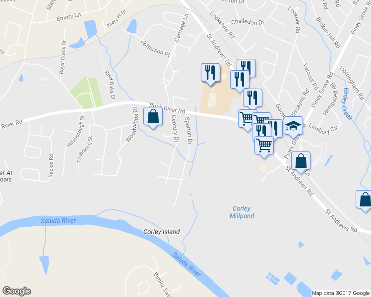 map of restaurants, bars, coffee shops, grocery stores, and more near 201 Spartan Drive in Columbia