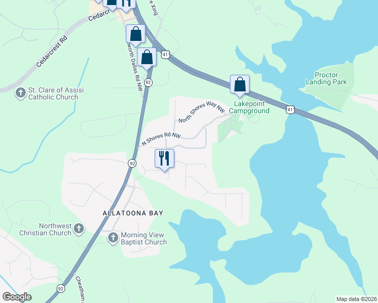 map of restaurants, bars, coffee shops, grocery stores, and more near 4107 Falcon Shores Court Northwest in Acworth