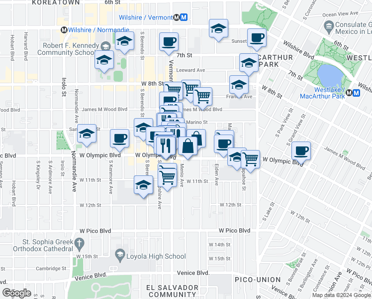 map of restaurants, bars, coffee shops, grocery stores, and more near in Los Angeles