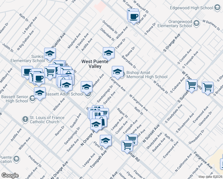 map of restaurants, bars, coffee shops, grocery stores, and more near 1132 Sandsprings Drive in La Puente