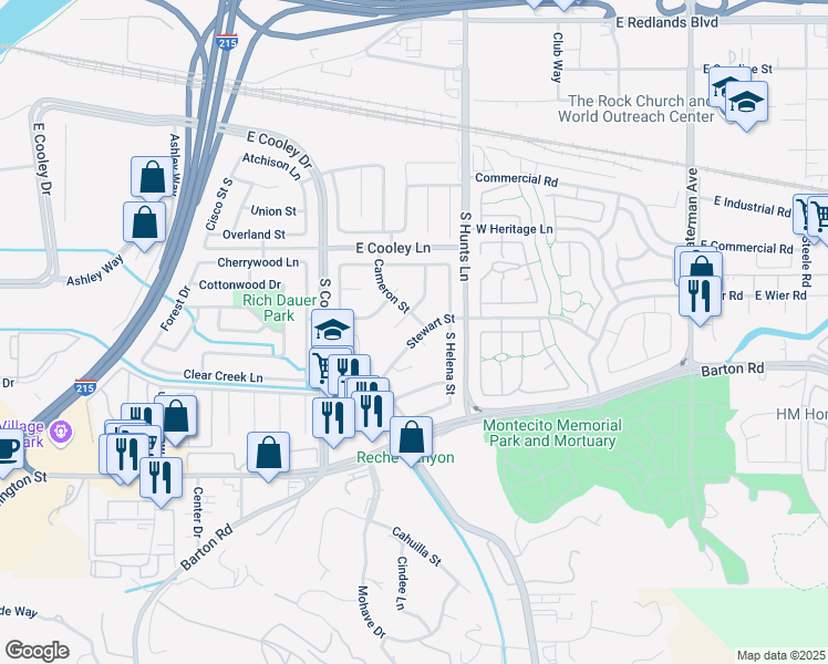 map of restaurants, bars, coffee shops, grocery stores, and more near 2165 Stewart Street in Colton