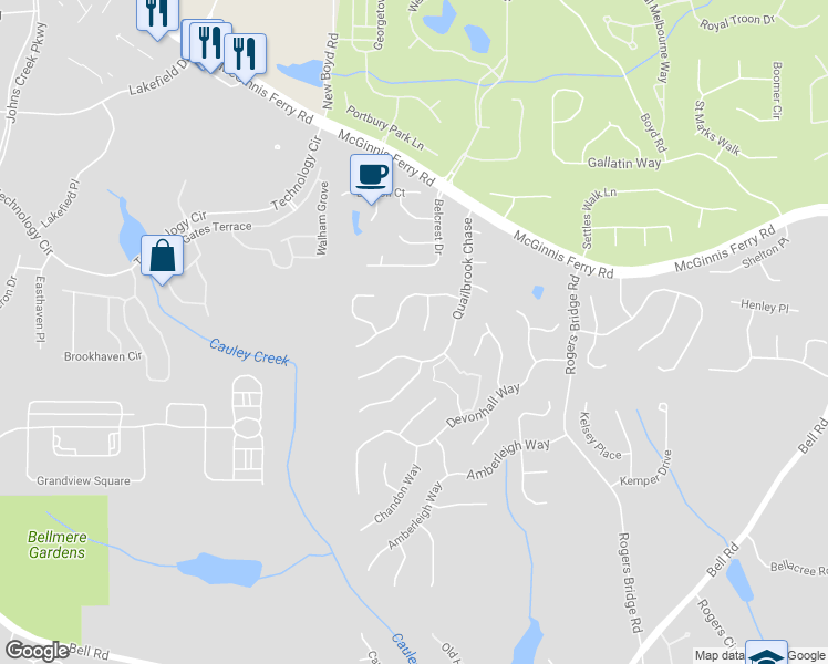 map of restaurants, bars, coffee shops, grocery stores, and more near 145 Springlaurel Court in Duluth