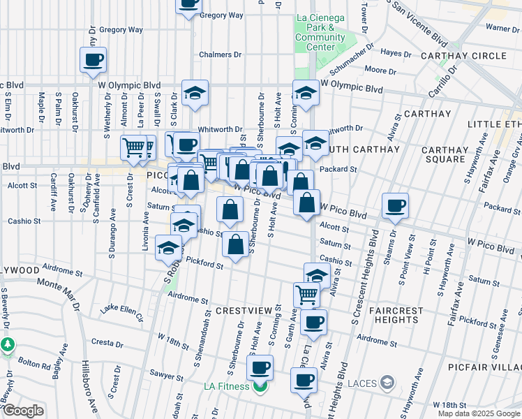 map of restaurants, bars, coffee shops, grocery stores, and more near 1428 South Sherbourne Drive in Los Angeles