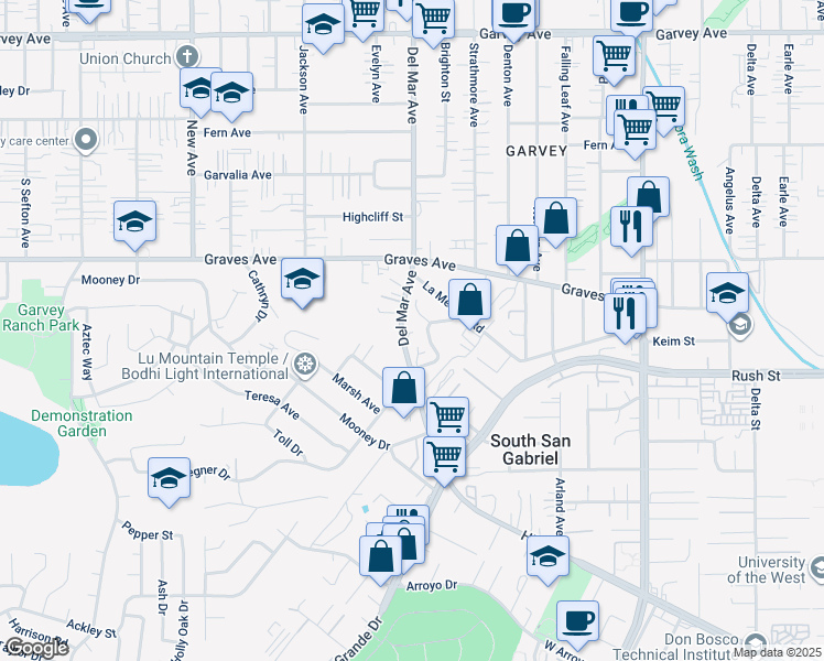 map of restaurants, bars, coffee shops, grocery stores, and more near 2104 Del Mar Avenue in Rosemead