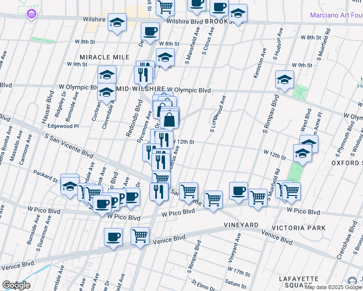 map of restaurants, bars, coffee shops, grocery stores, and more near 1200 South Citrus Avenue in Los Angeles