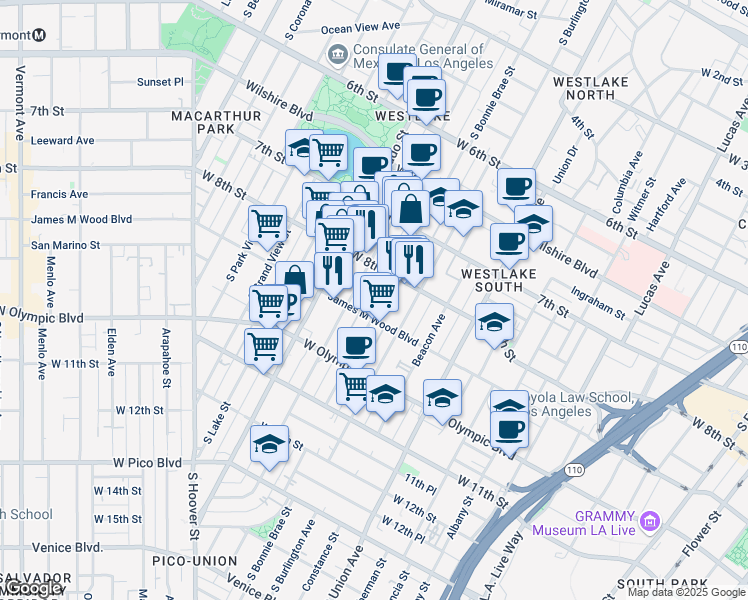 map of restaurants, bars, coffee shops, grocery stores, and more near 829 South Bonnie Brae Street in Los Angeles