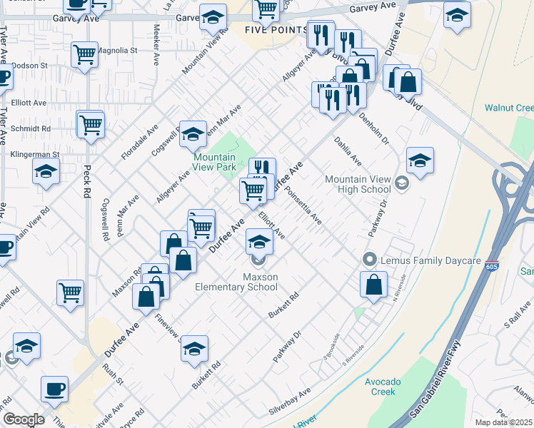 map of restaurants, bars, coffee shops, grocery stores, and more near 12317 Elliott Avenue in El Monte