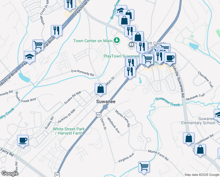map of restaurants, bars, coffee shops, grocery stores, and more near 523 Mary Lou Street in Suwanee