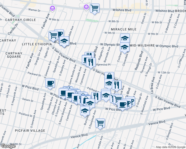 map of restaurants, bars, coffee shops, grocery stores, and more near 1229 South Ridgeley Drive in Los Angeles
