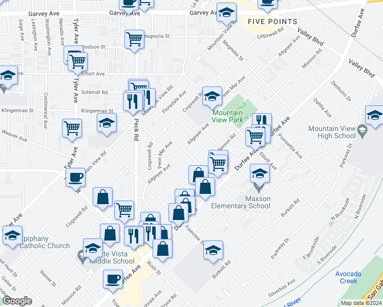map of restaurants, bars, coffee shops, grocery stores, and more near 2403 Leafdale Avenue in El Monte