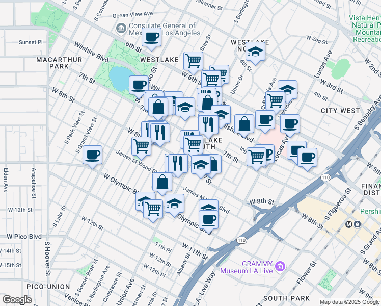 map of restaurants, bars, coffee shops, grocery stores, and more near 737 South Union Avenue in Los Angeles