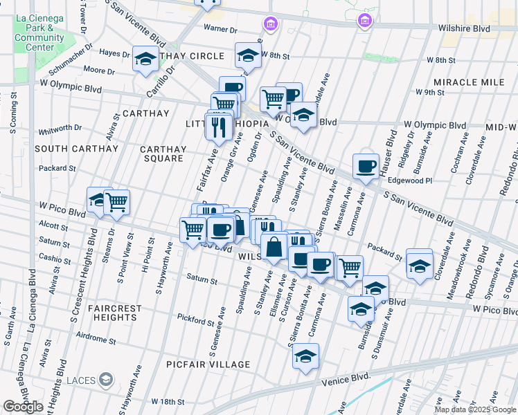 map of restaurants, bars, coffee shops, grocery stores, and more near 1248 South Genesee Avenue in Los Angeles