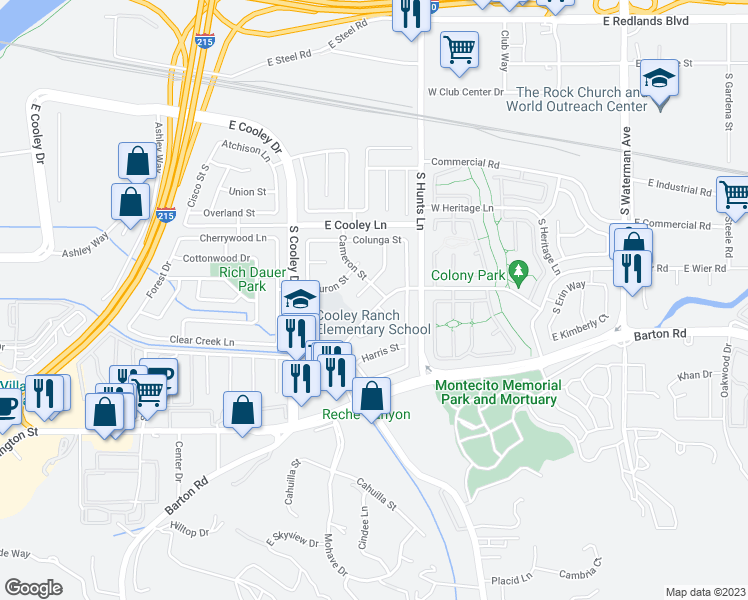 map of restaurants, bars, coffee shops, grocery stores, and more near 2165 Stewart Street in Colton