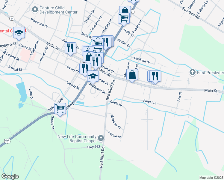 map of restaurants, bars, coffee shops, grocery stores, and more near 3806 Bryant Street in Loris