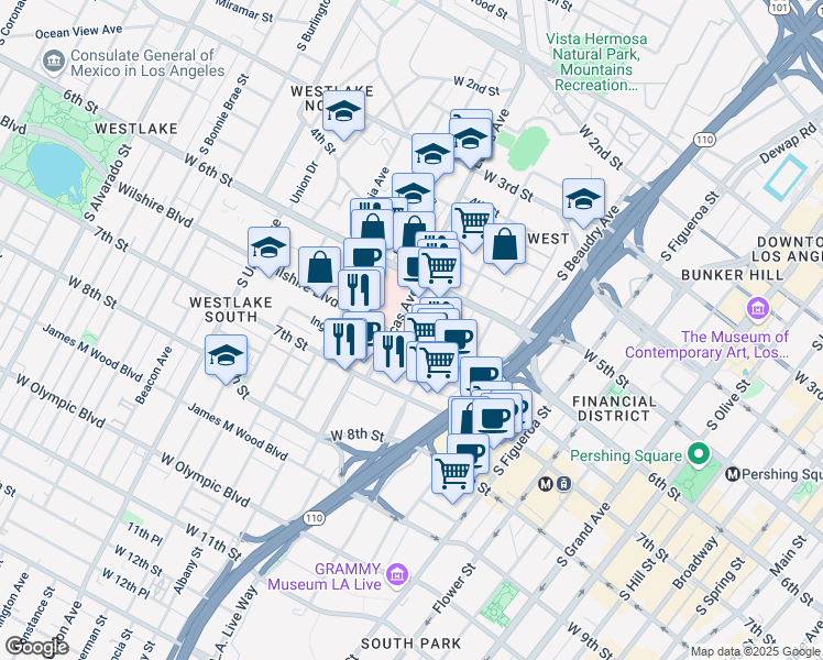 map of restaurants, bars, coffee shops, grocery stores, and more near 1145 Wilshire Boulevard in Los Angeles