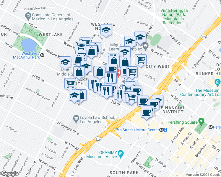 map of restaurants, bars, coffee shops, grocery stores, and more near 1234 Wilshire Boulevard in Los Angeles
