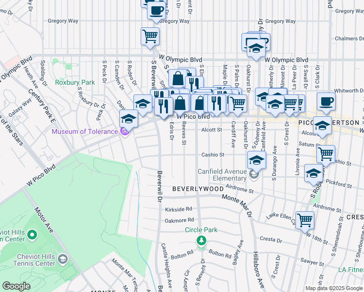 map of restaurants, bars, coffee shops, grocery stores, and more near 1473 Reeves Street in Los Angeles