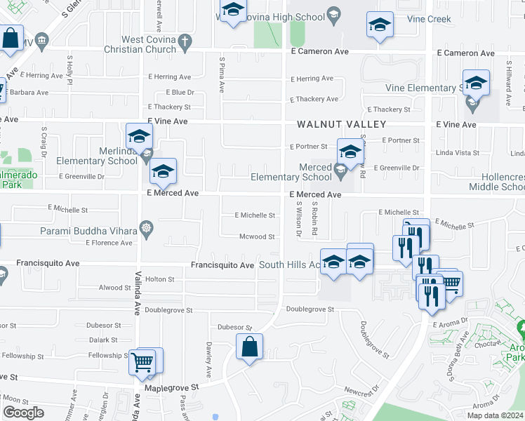 map of restaurants, bars, coffee shops, grocery stores, and more near 1325 East Michelle Street in West Covina