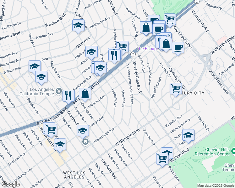 map of restaurants, bars, coffee shops, grocery stores, and more near 1918 Fairburn Avenue in Los Angeles