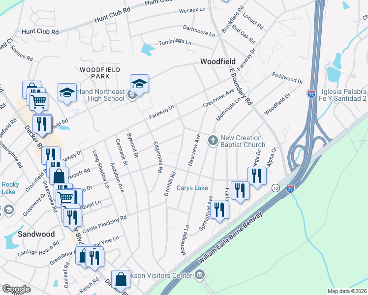 map of restaurants, bars, coffee shops, grocery stores, and more near 1826 Overhill Road in Columbia