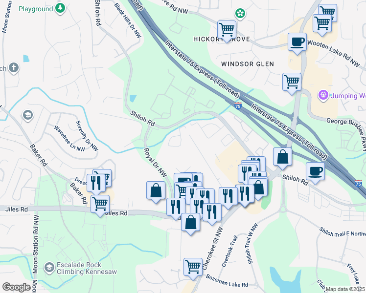 map of restaurants, bars, coffee shops, grocery stores, and more near 4174 Royal Regency Circle in Kennesaw