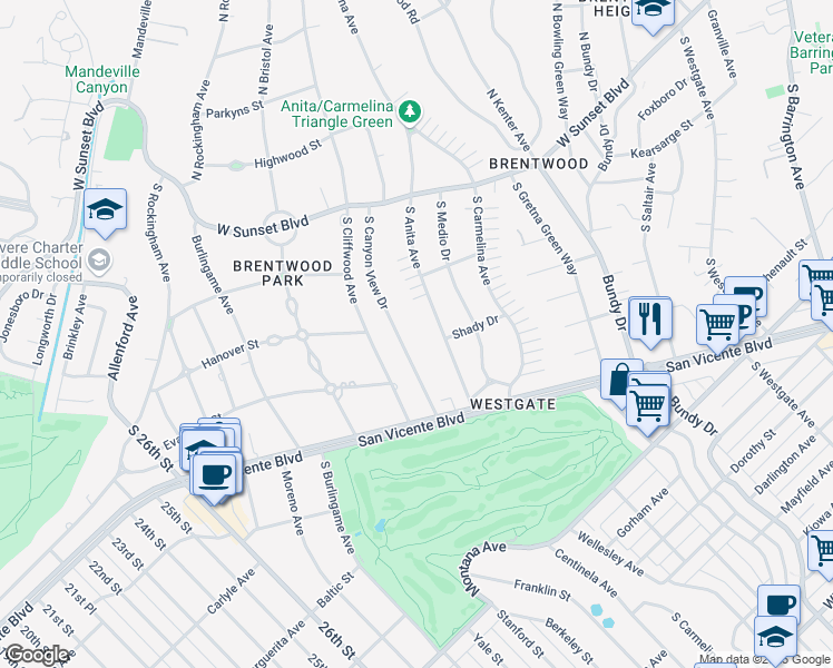 map of restaurants, bars, coffee shops, grocery stores, and more near 260 South Canyon View Drive in Los Angeles