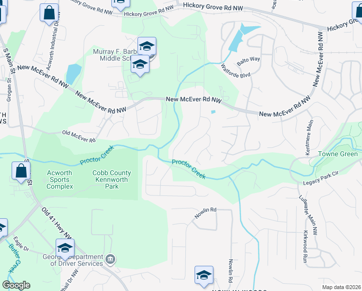 map of restaurants, bars, coffee shops, grocery stores, and more near 4166 McEver Park Drive in Acworth