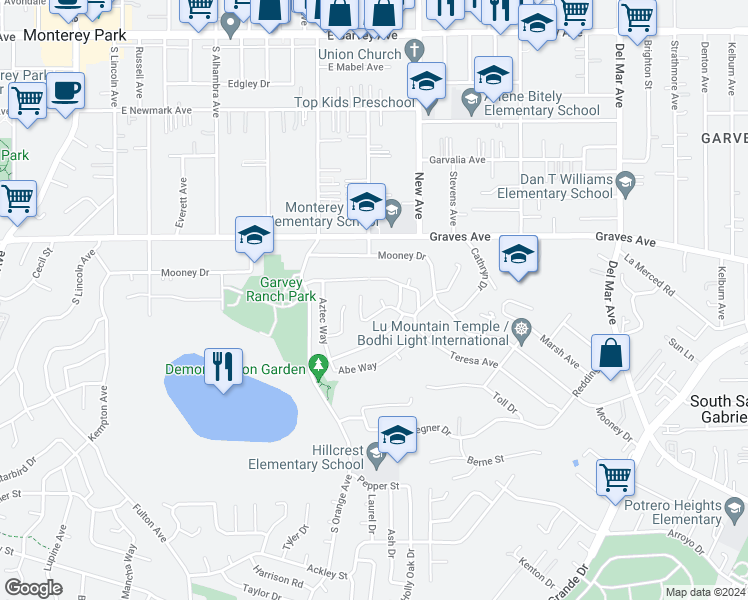 map of restaurants, bars, coffee shops, grocery stores, and more near 973 Village Place in Monterey Park
