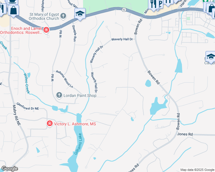 map of restaurants, bars, coffee shops, grocery stores, and more near 525 Autumn Wood Close in Roswell