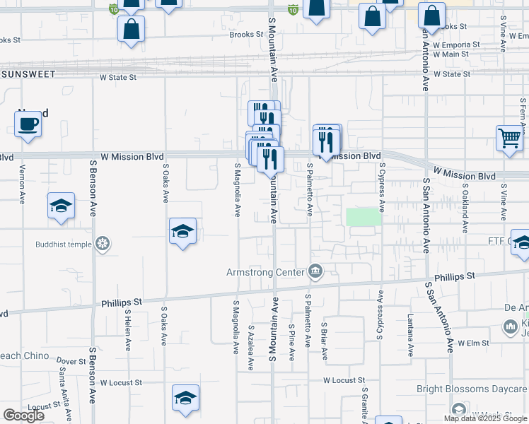 map of restaurants, bars, coffee shops, grocery stores, and more near 1010 S Mountain Ave in Ontario