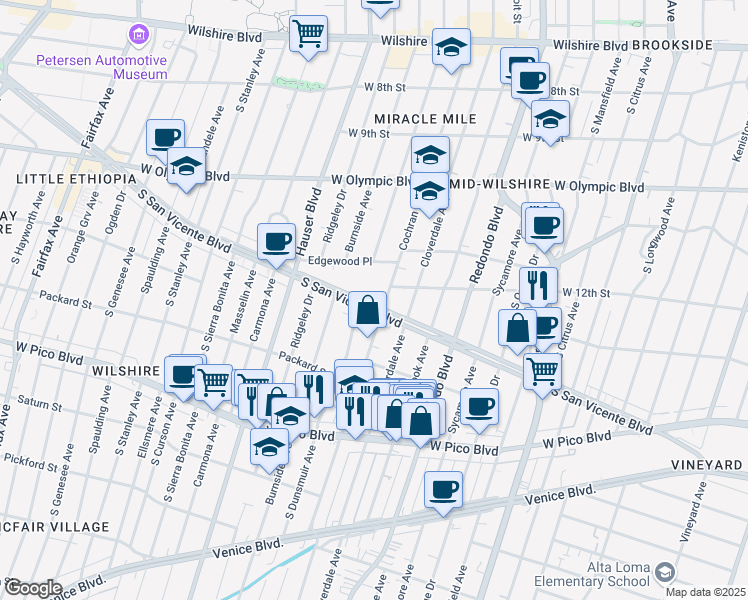 map of restaurants, bars, coffee shops, grocery stores, and more near 5363 South San Vicente Boulevard in Los Angeles