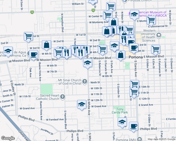 map of restaurants, bars, coffee shops, grocery stores, and more near 700 South White Avenue in Pomona