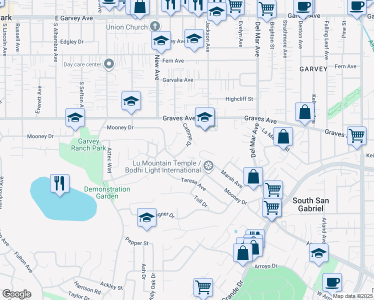 map of restaurants, bars, coffee shops, grocery stores, and more near 2136 Cathryn Drive in Rosemead