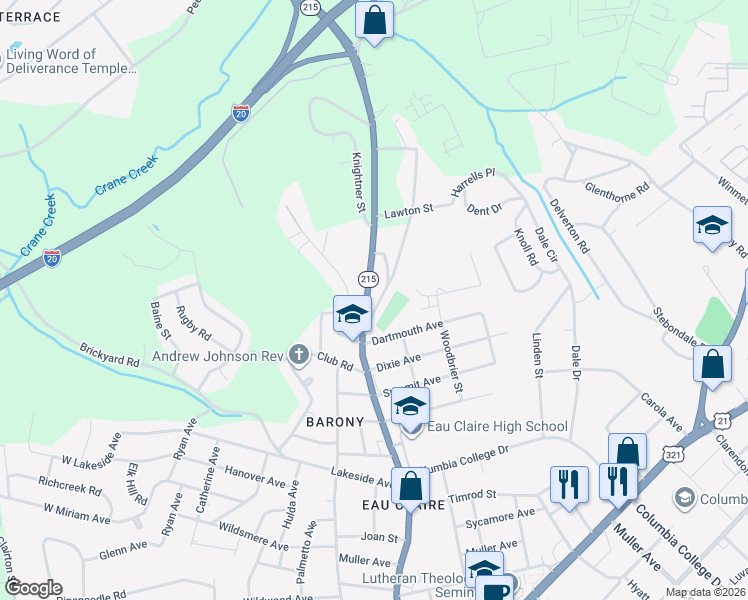 map of restaurants, bars, coffee shops, grocery stores, and more near 5206 Ridgewood Camp Road in Columbia