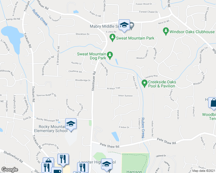 map of restaurants, bars, coffee shops, grocery stores, and more near 4320 Arbor Bridge Drive in Marietta