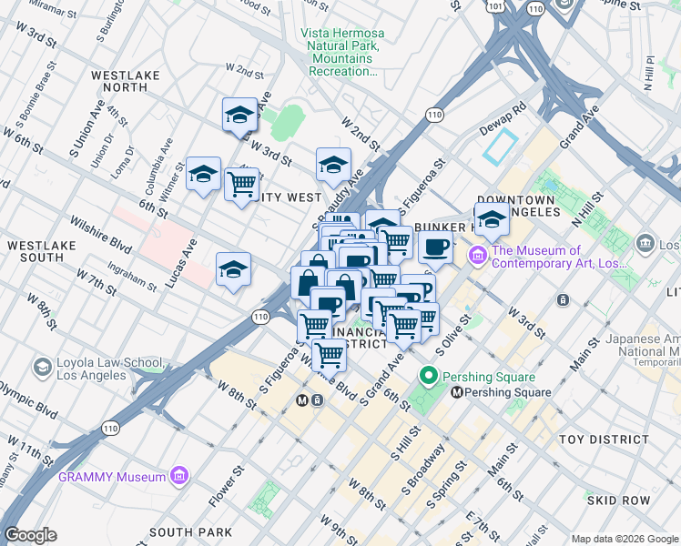 map of restaurants, bars, coffee shops, grocery stores, and more near 445 South Figueroa Street in Los Angeles