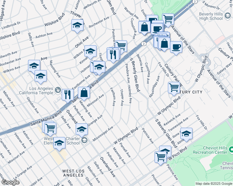 map of restaurants, bars, coffee shops, grocery stores, and more near 1918 Fairburn Avenue in Los Angeles