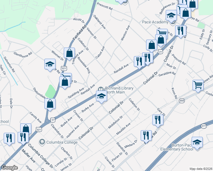 map of restaurants, bars, coffee shops, grocery stores, and more near 5423 North Main Street in Columbia