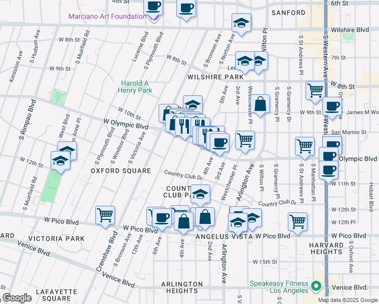 map of restaurants, bars, coffee shops, grocery stores, and more near 1022 South Norton Avenue in Los Angeles