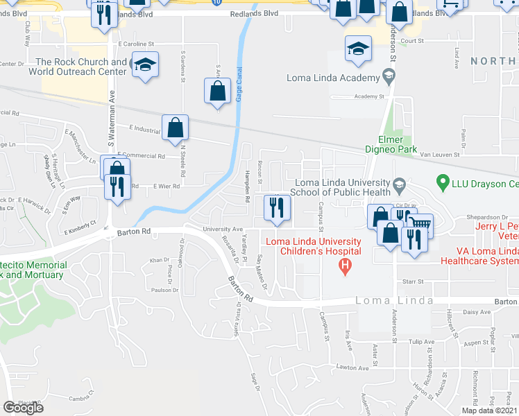 map of restaurants, bars, coffee shops, grocery stores, and more near 24530 University Avenue in Loma Linda