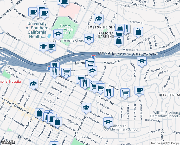 map of restaurants, bars, coffee shops, grocery stores, and more near 2718 Pomeroy Avenue in Los Angeles