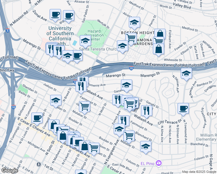 map of restaurants, bars, coffee shops, grocery stores, and more near 2518 Pomeroy Avenue in Los Angeles