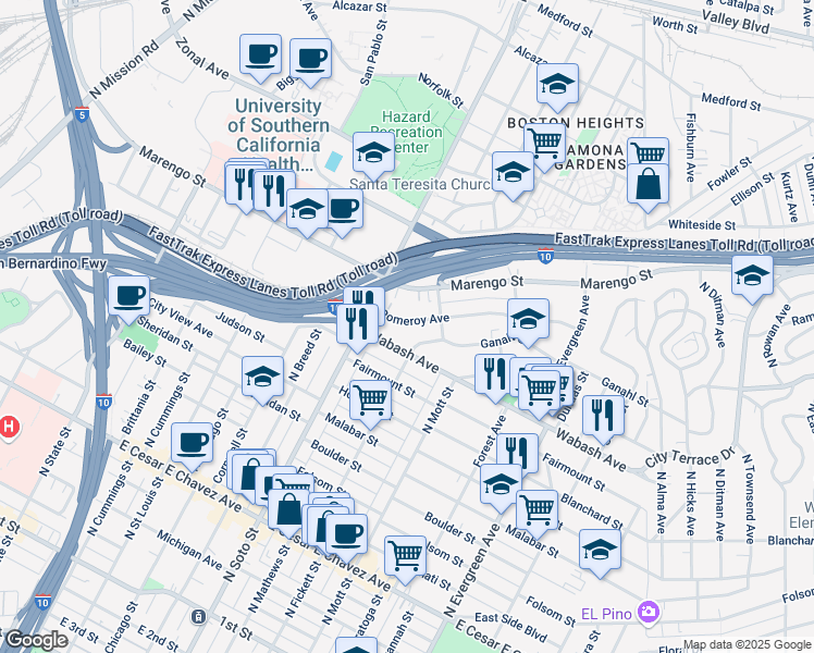 map of restaurants, bars, coffee shops, grocery stores, and more near 2462 Pomeroy Avenue in Los Angeles