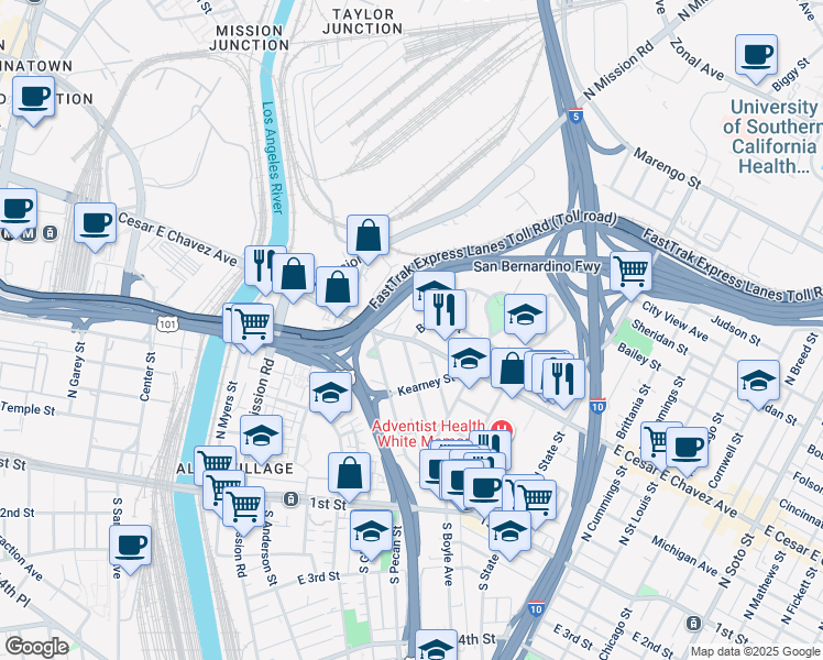 map of restaurants, bars, coffee shops, grocery stores, and more near 1400 Bridge Street in Los Angeles