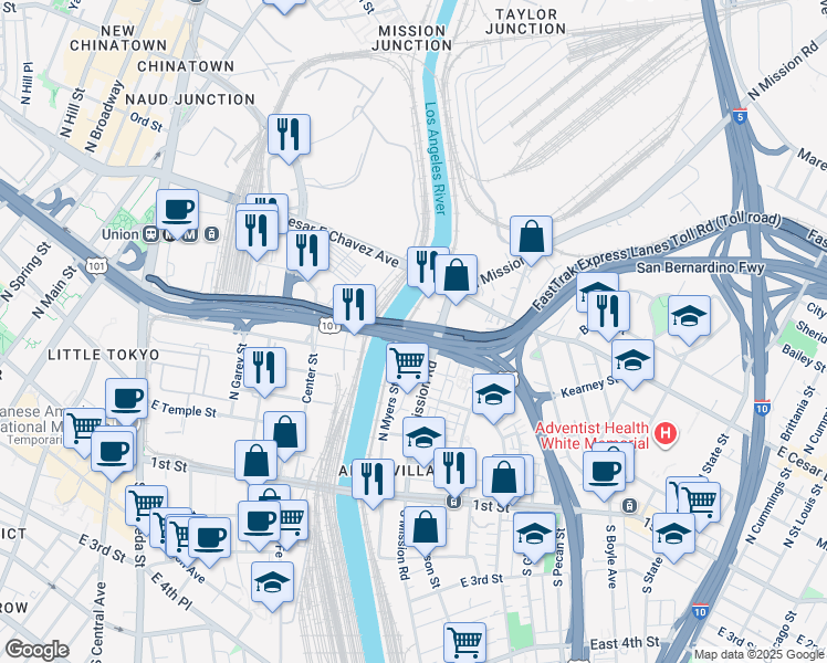 map of restaurants, bars, coffee shops, grocery stores, and more near N Mission Rd in Los Angeles