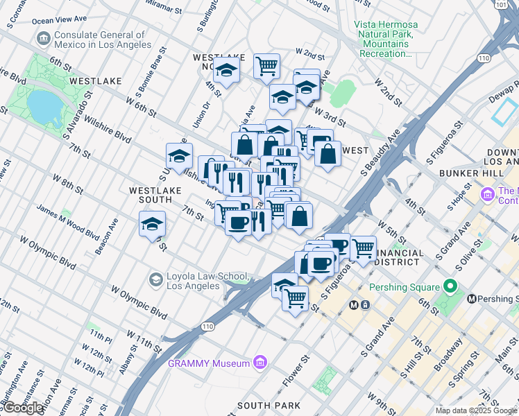 map of restaurants, bars, coffee shops, grocery stores, and more near 1145 Wilshire Boulevard in Los Angeles