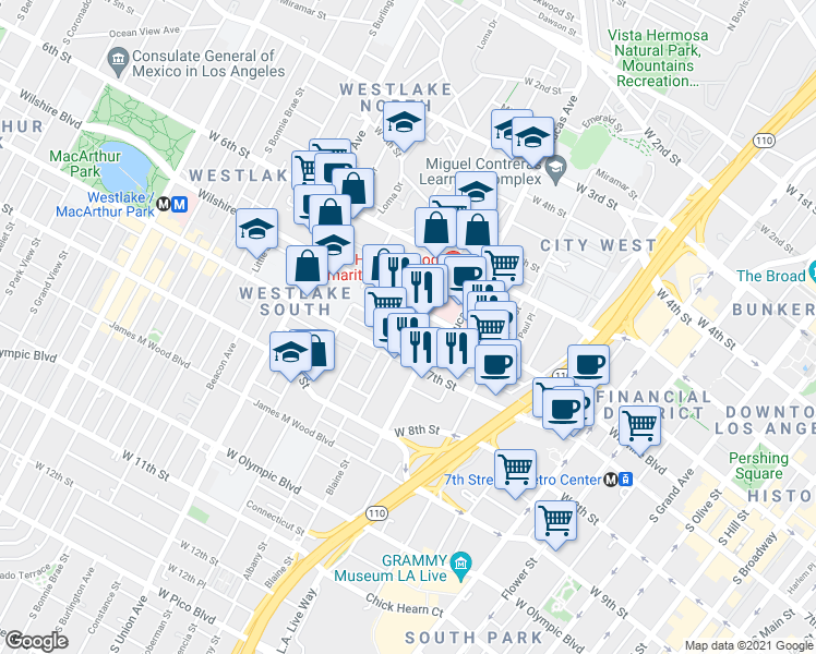 map of restaurants, bars, coffee shops, grocery stores, and more near 1175 Wilshire Boulevard in Los Angeles